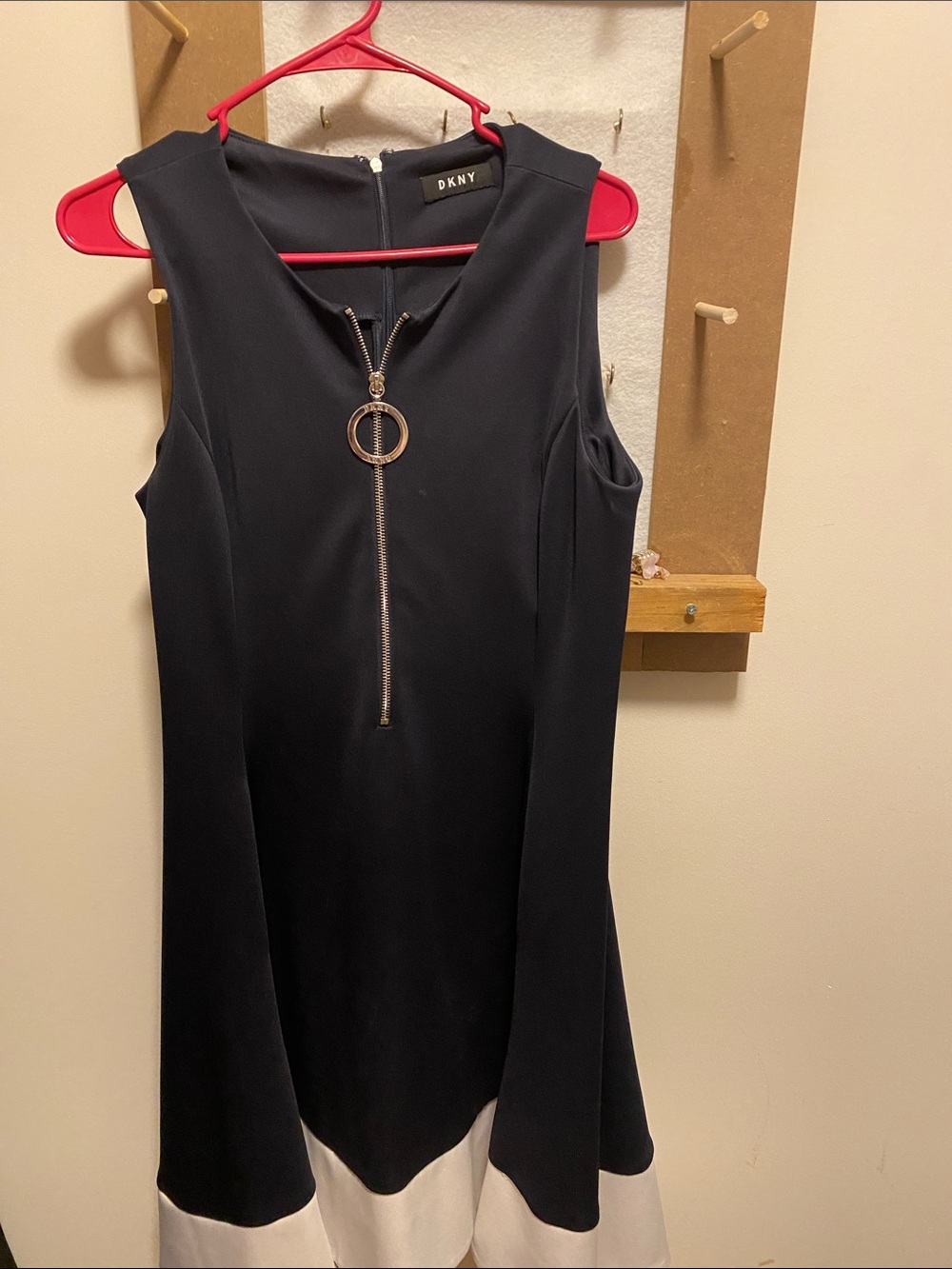 DKNY Black Dress with White Contrast Hem and Ring-Zip